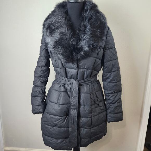 Bellivera Women's Puffer Black Large Jacket Faux Fur Removable Collar Zip Snap - Picture 1 of 16